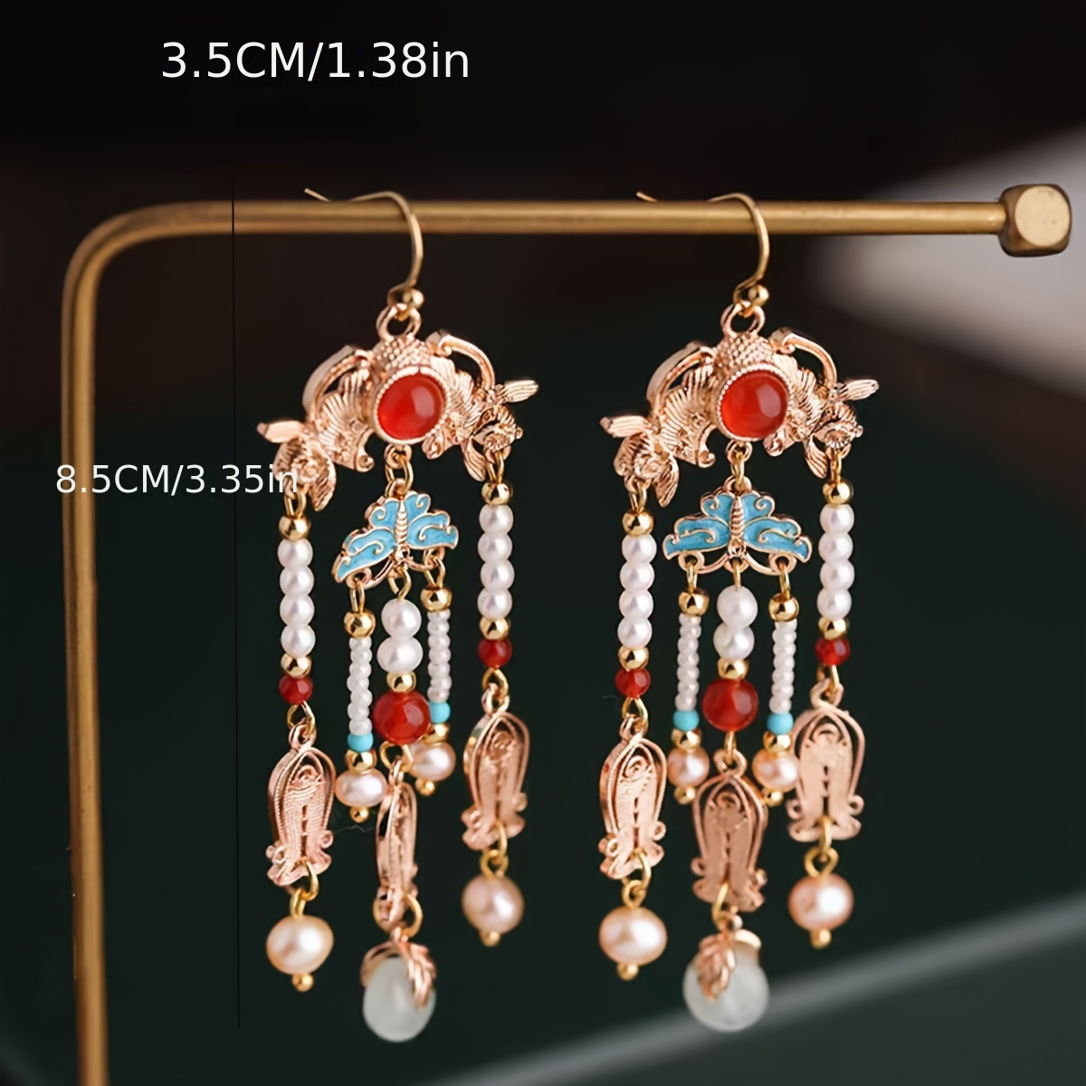 Hanfu Inspired Tassel Drop Earrings with Beads & Pearls